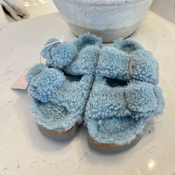 BIRKENSTOCK Arizona Big Buckle Genuine Shearling Slide Sandal in Faded Aqua - Picture 3 of 8